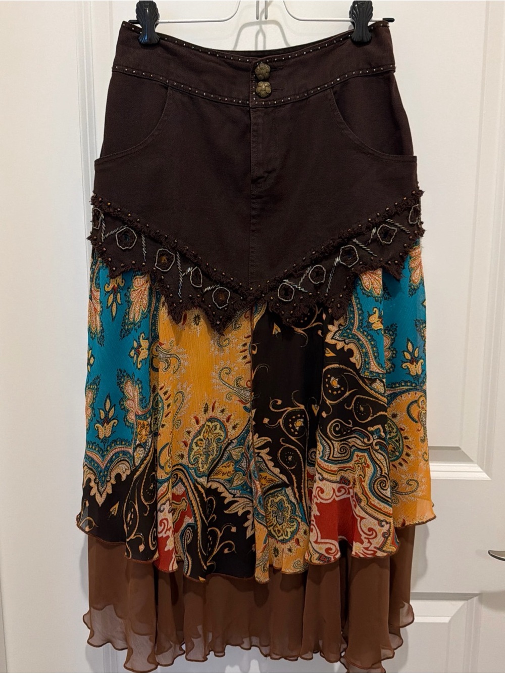 Seandara brand. Boho Tiered Paisley Brown and Teal Women's Skirt